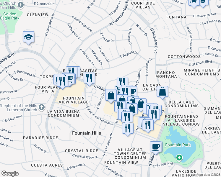 map of restaurants, bars, coffee shops, grocery stores, and more near 16624 East Palisades Boulevard in Fountain Hills