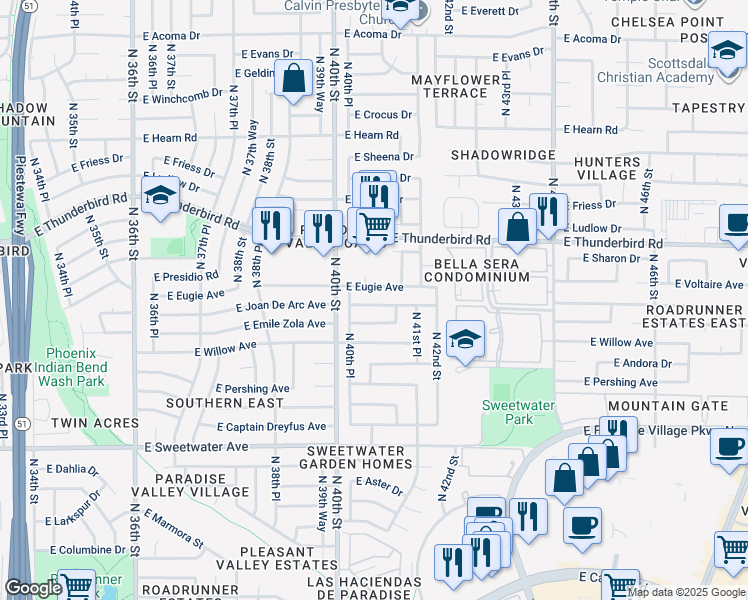 map of restaurants, bars, coffee shops, grocery stores, and more near 4028 East Emile Zola Avenue in Phoenix