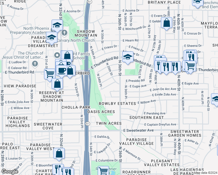map of restaurants, bars, coffee shops, grocery stores, and more near 13426 North 35th Place in Phoenix