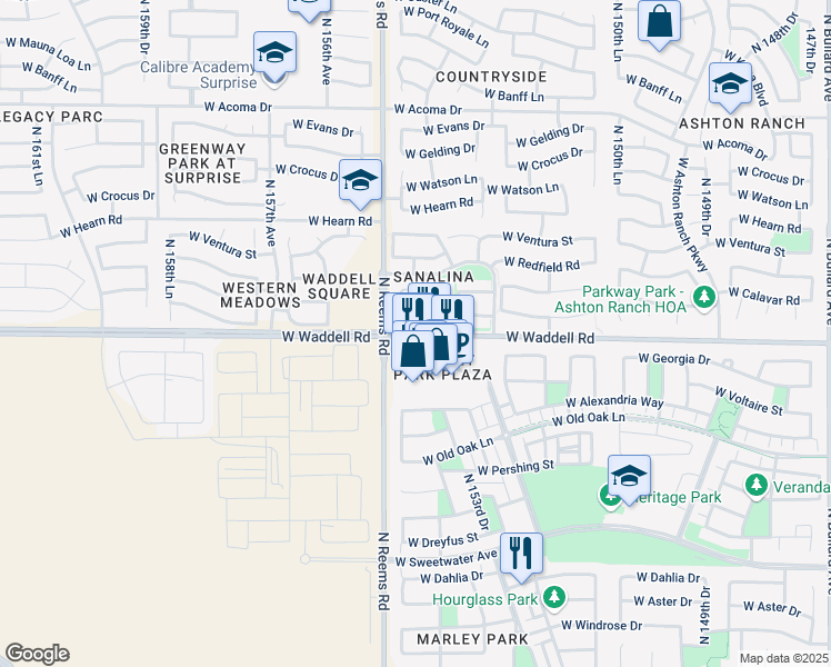 map of restaurants, bars, coffee shops, grocery stores, and more near 15423 West Waddell Road in Surprise