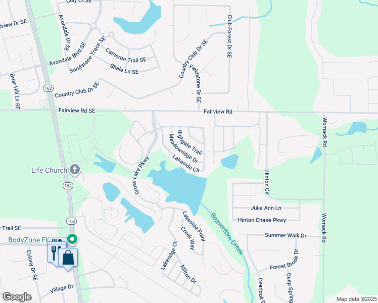 map of restaurants, bars, coffee shops, grocery stores, and more near 235 Meadowridge Drive in Covington