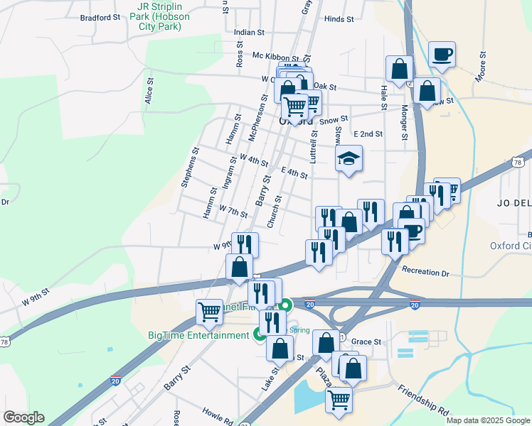 map of restaurants, bars, coffee shops, grocery stores, and more near 1200 Church Street in Oxford