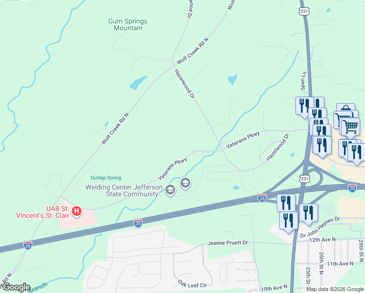 map of restaurants, bars, coffee shops, grocery stores, and more near Veterans Parkway in Pell City