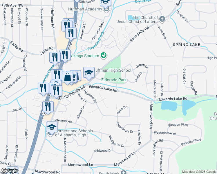 map of restaurants, bars, coffee shops, grocery stores, and more near 933 Edwards Lake Road in Birmingham
