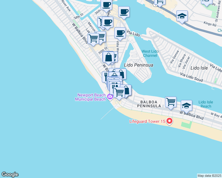 map of restaurants, bars, coffee shops, grocery stores, and more near 2212 West Oceanfront in Newport Beach