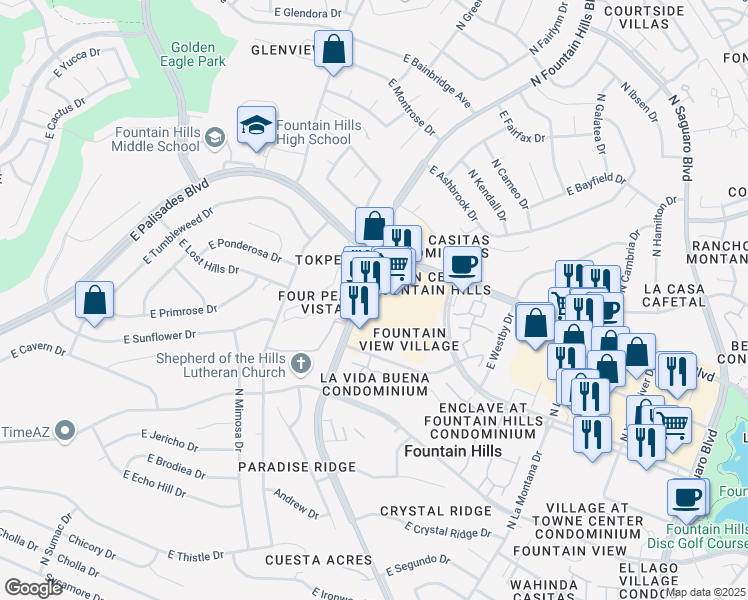 map of restaurants, bars, coffee shops, grocery stores, and more near 13725 North Fountain Hills Boulevard in Fountain Hills