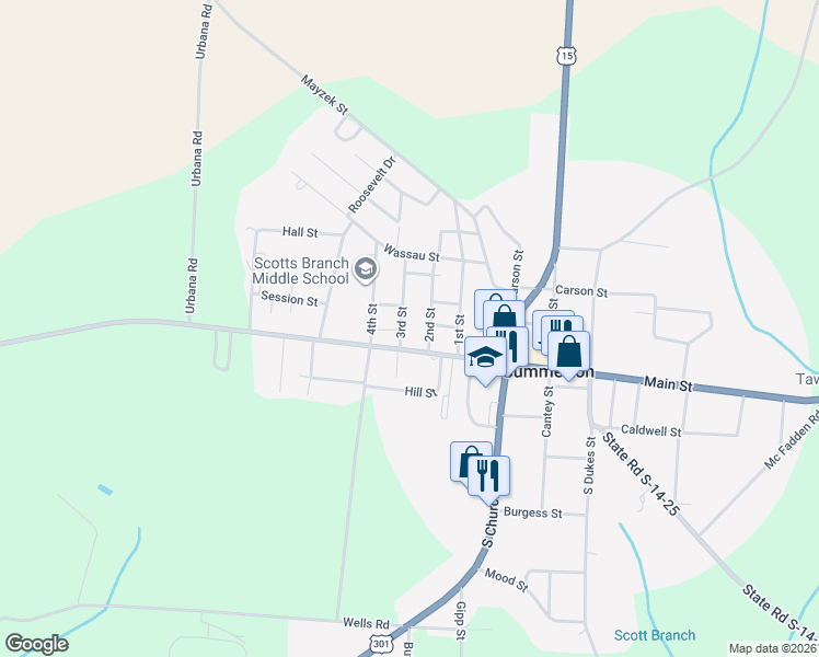 map of restaurants, bars, coffee shops, grocery stores, and more near 18 Larry King Highway in Summerton