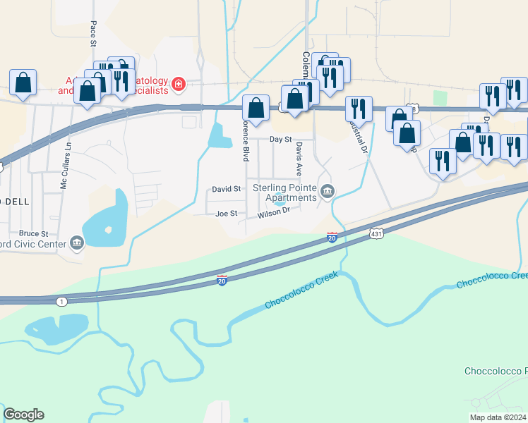 map of restaurants, bars, coffee shops, grocery stores, and more near 114 Holley Circle in Oxford