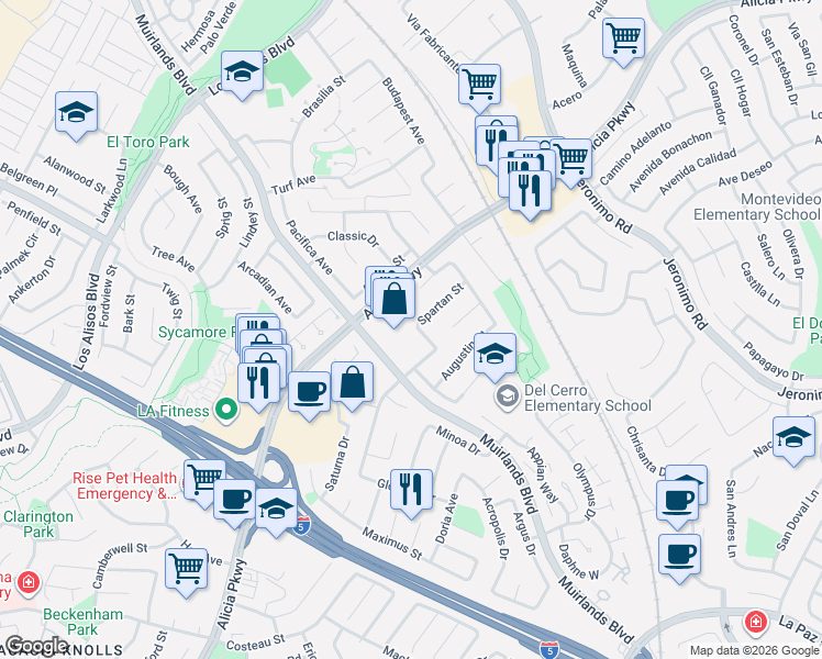 map of restaurants, bars, coffee shops, grocery stores, and more near 24331 Spartan Street in Mission Viejo