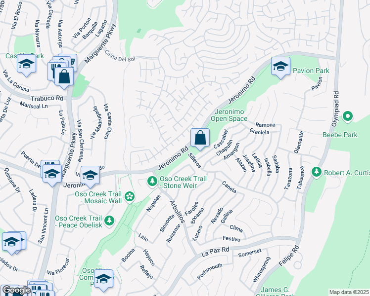 map of restaurants, bars, coffee shops, grocery stores, and more near Jeronimo Rd & Silleros in Mission Viejo