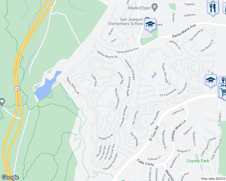 map of restaurants, bars, coffee shops, grocery stores, and more near 3365 Punta Alta in Laguna Woods