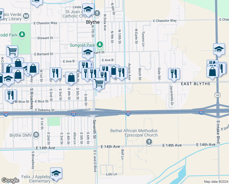 map of restaurants, bars, coffee shops, grocery stores, and more near 982 East Hobsonway in Blythe