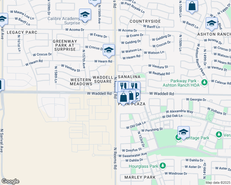 map of restaurants, bars, coffee shops, grocery stores, and more near North Reems Road & West Waddell Road in Surprise