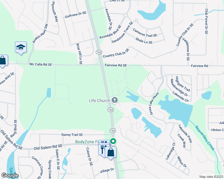 map of restaurants, bars, coffee shops, grocery stores, and more near Wyndham Place in Rockdale County