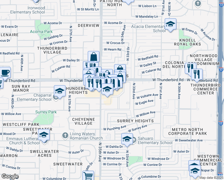 map of restaurants, bars, coffee shops, grocery stores, and more near 3421 West Thunderbird Road in Phoenix