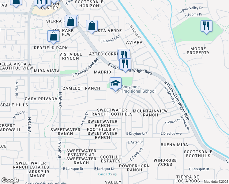 map of restaurants, bars, coffee shops, grocery stores, and more near 13636 North 100th Street in Scottsdale