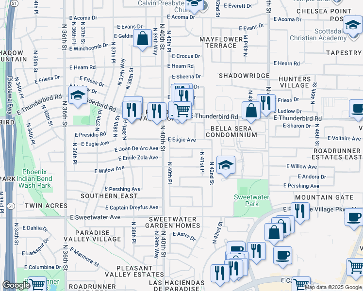 map of restaurants, bars, coffee shops, grocery stores, and more near 4028 East Emile Zola Avenue in Phoenix