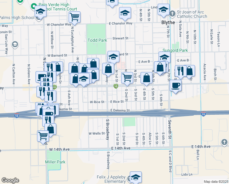 map of restaurants, bars, coffee shops, grocery stores, and more near 165 South 1st Street in Blythe