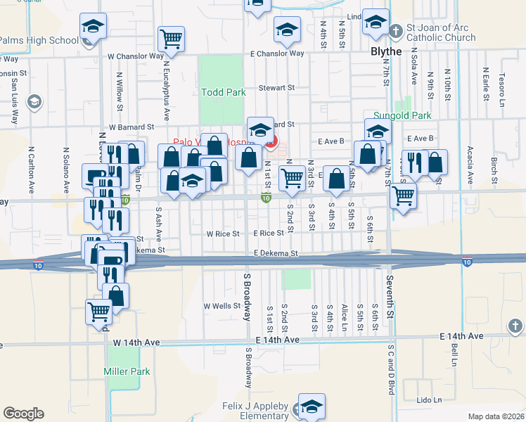 map of restaurants, bars, coffee shops, grocery stores, and more near 127 South 1st Street in Blythe