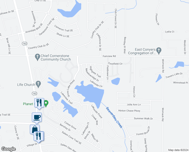 map of restaurants, bars, coffee shops, grocery stores, and more near 225 Meadowridge Drive in Covington