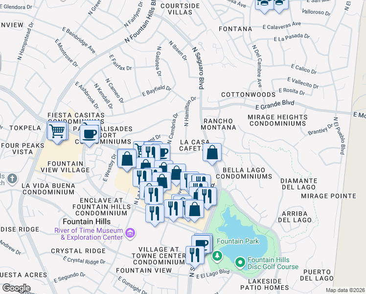 map of restaurants, bars, coffee shops, grocery stores, and more near 16820 East La Montana Drive in Fountain Hills