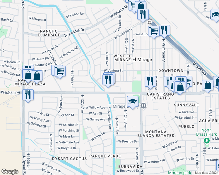 map of restaurants, bars, coffee shops, grocery stores, and more near 12550 West Thunderbird Road in El Mirage