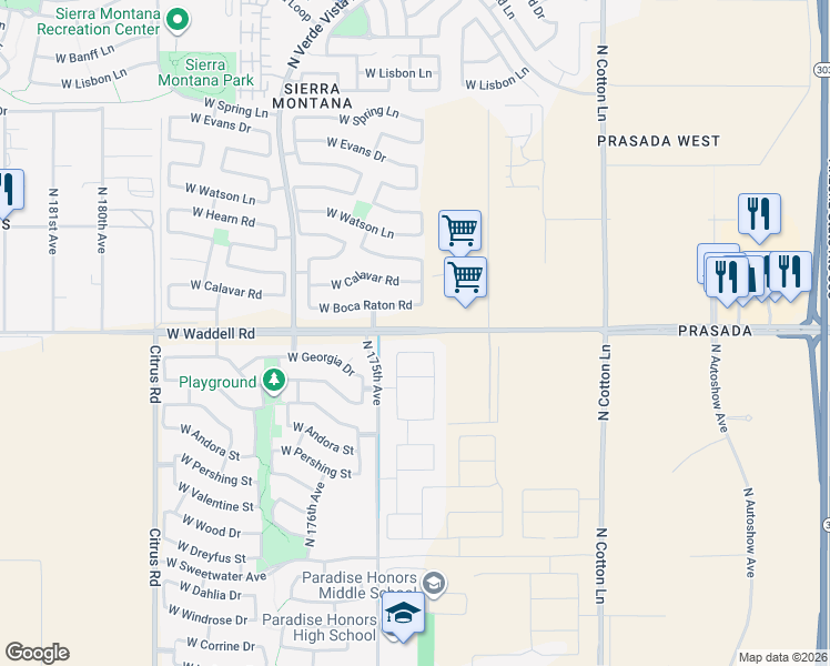 map of restaurants, bars, coffee shops, grocery stores, and more near West Waddell Road in Surprise