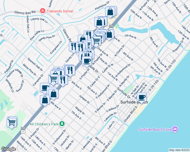 map of restaurants, bars, coffee shops, grocery stores, and more near 629 3rd Avenue South in Surfside Beach