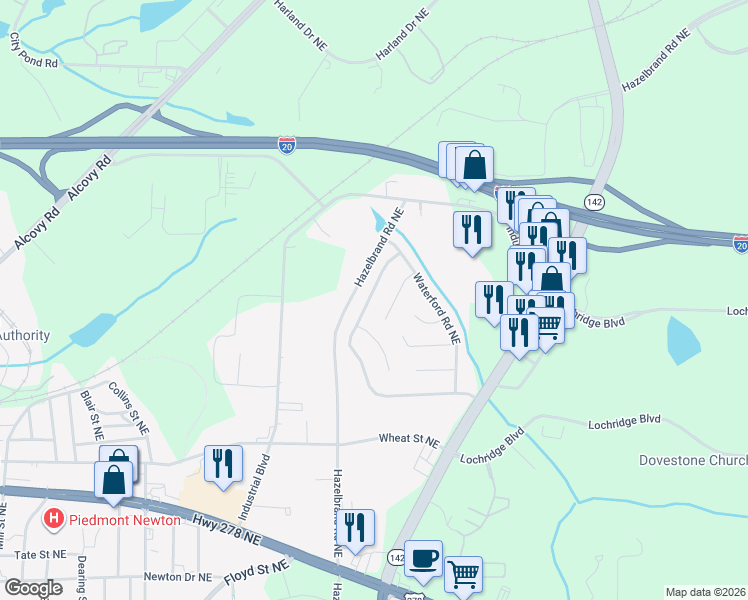 map of restaurants, bars, coffee shops, grocery stores, and more near 10103 Hidden Branches Way Northeast in Covington