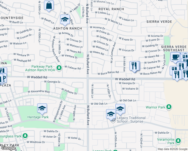 map of restaurants, bars, coffee shops, grocery stores, and more near 14662 West Georgia Drive in Surprise
