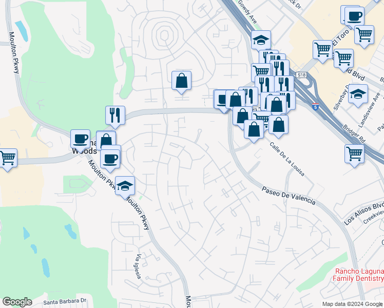 map of restaurants, bars, coffee shops, grocery stores, and more near 16 Via Castilla in Laguna Woods