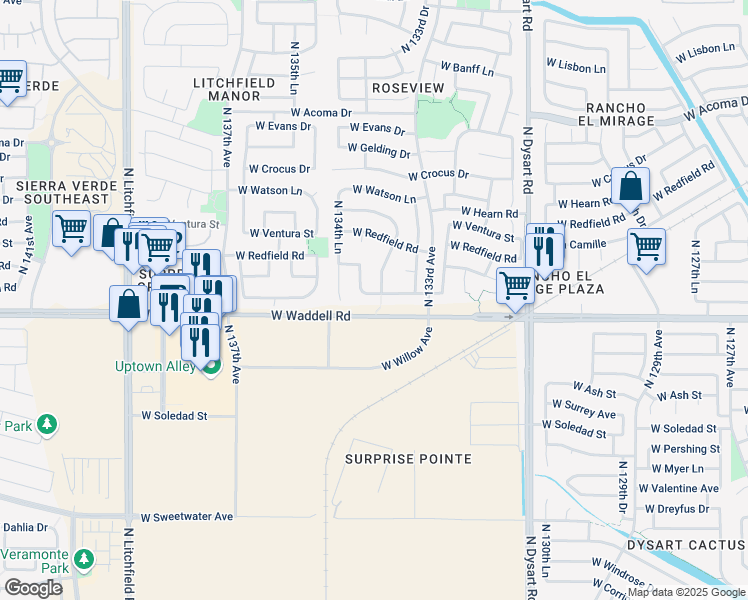 map of restaurants, bars, coffee shops, grocery stores, and more near 13373 West Boca Raton Road in Surprise