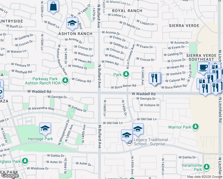 map of restaurants, bars, coffee shops, grocery stores, and more near 14662 West Georgia Drive in Surprise