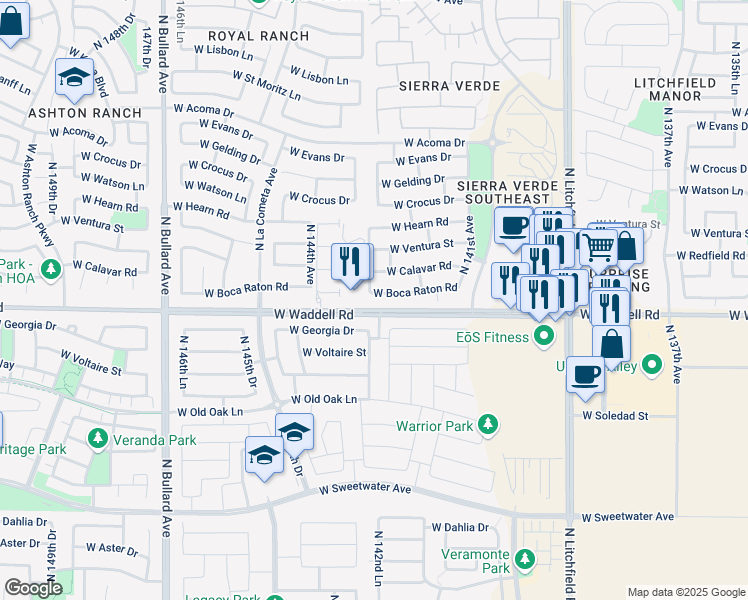map of restaurants, bars, coffee shops, grocery stores, and more near 14304 West Georgia Drive in Surprise