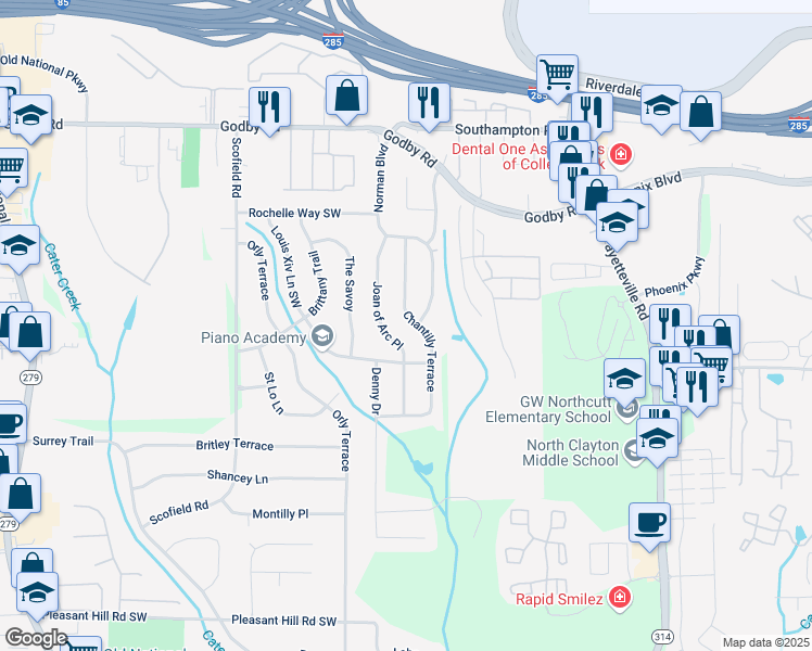 map of restaurants, bars, coffee shops, grocery stores, and more near 5287 Chantilly Terrace in Atlanta