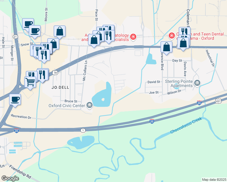 map of restaurants, bars, coffee shops, grocery stores, and more near 324 Park Place in Oxford