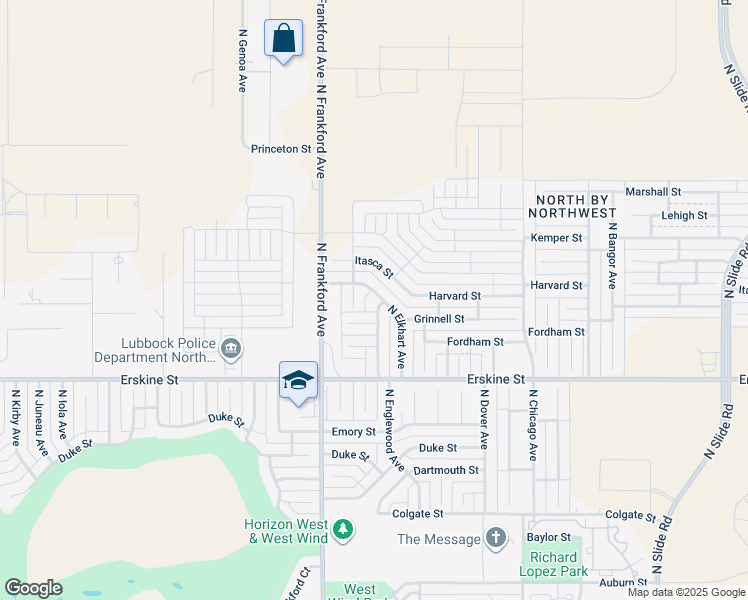 map of restaurants, bars, coffee shops, grocery stores, and more near 802 North Englewood Avenue in Lubbock