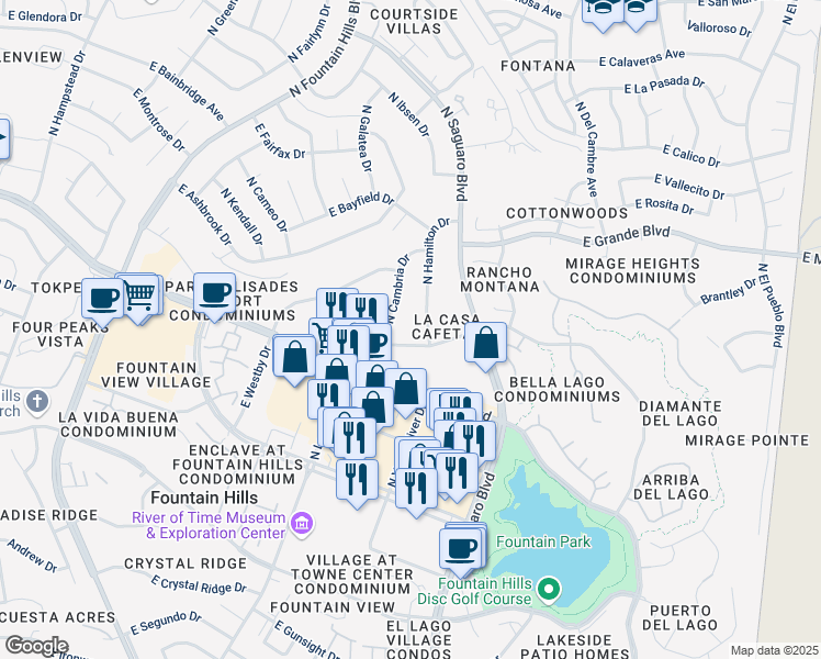 map of restaurants, bars, coffee shops, grocery stores, and more near 16838 East Palisades Boulevard in Fountain Hills