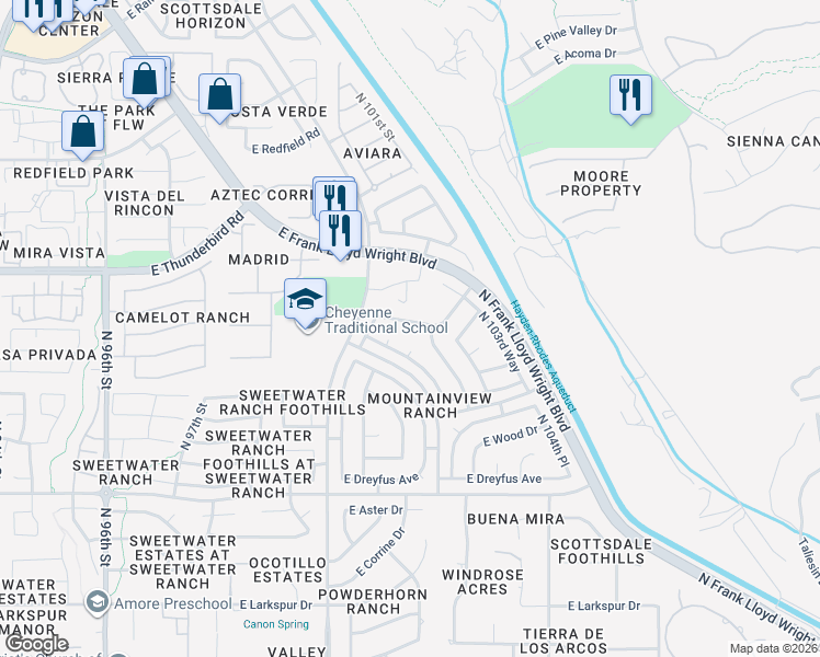 map of restaurants, bars, coffee shops, grocery stores, and more near 13549 North 102nd Place in Scottsdale