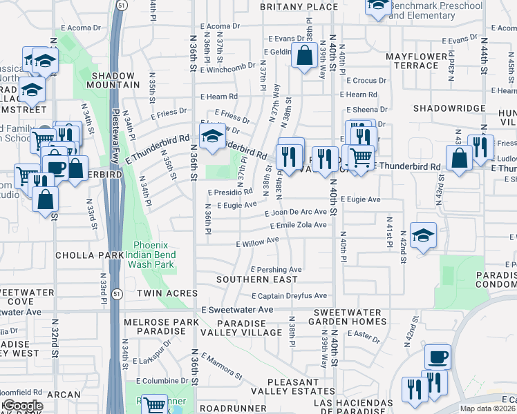 map of restaurants, bars, coffee shops, grocery stores, and more near 3739 East Joan De Arc Avenue in Phoenix