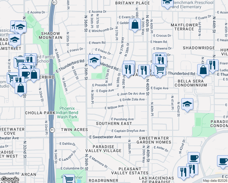 map of restaurants, bars, coffee shops, grocery stores, and more near 3739 East Joan De Arc Avenue in Phoenix
