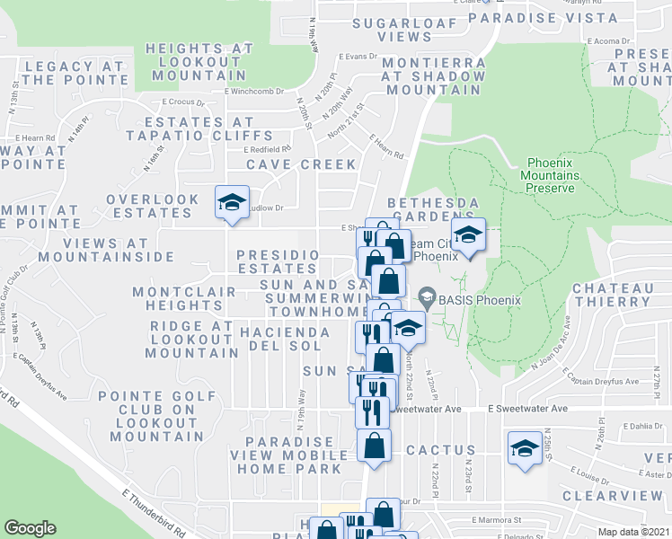 map of restaurants, bars, coffee shops, grocery stores, and more near 13420 North 21st Place in Phoenix