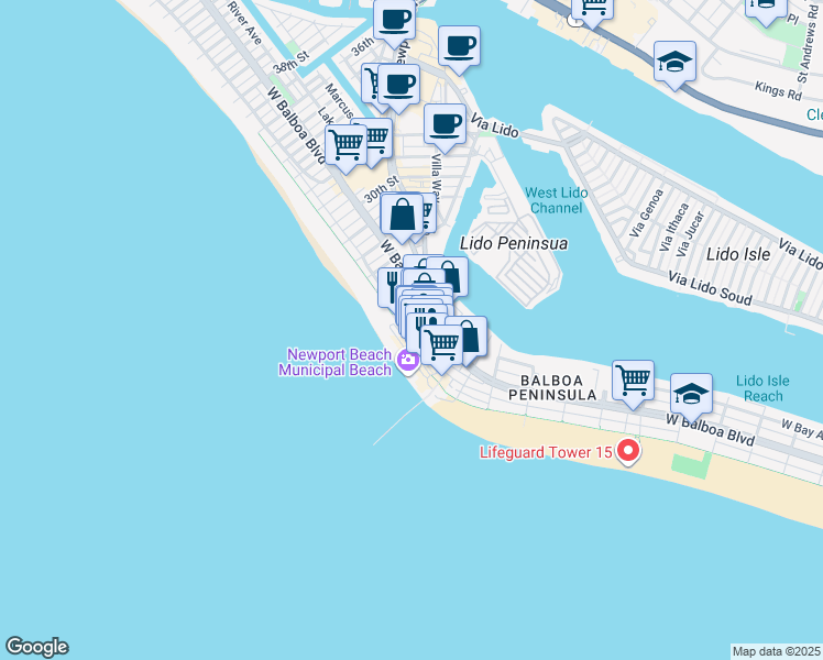 map of restaurants, bars, coffee shops, grocery stores, and more near 2100 West Oceanfront in Newport Beach