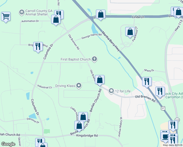 map of restaurants, bars, coffee shops, grocery stores, and more near 440-484 Old Bremen Rd in Carrollton