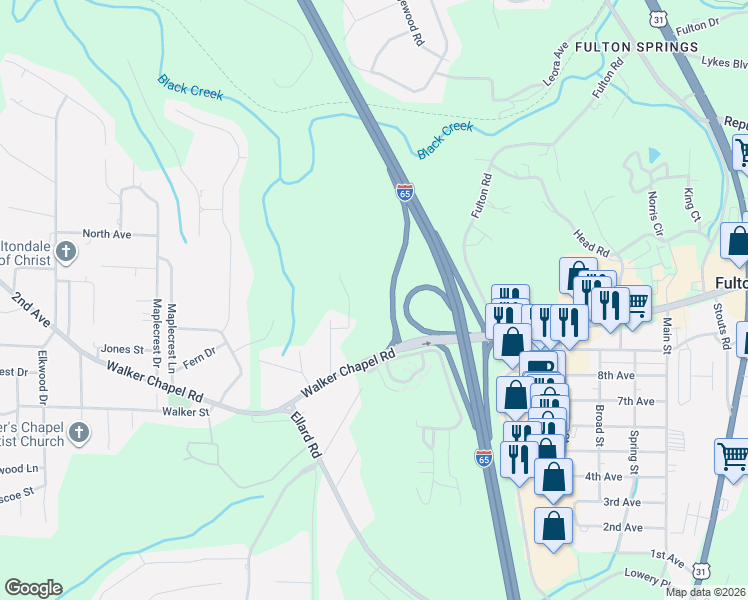 map of restaurants, bars, coffee shops, grocery stores, and more near Walker Chapel Rd in Fultondale