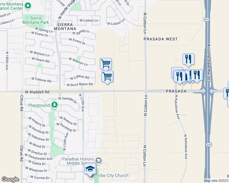 map of restaurants, bars, coffee shops, grocery stores, and more near 17303 West Waddell Road in Surprise
