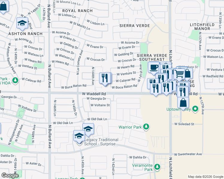 map of restaurants, bars, coffee shops, grocery stores, and more near 14304 West Georgia Drive in Surprise