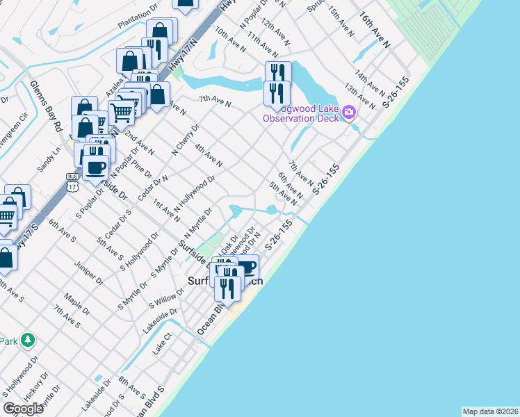 map of restaurants, bars, coffee shops, grocery stores, and more near 310N Dogwood Drive South in Surfside Beach