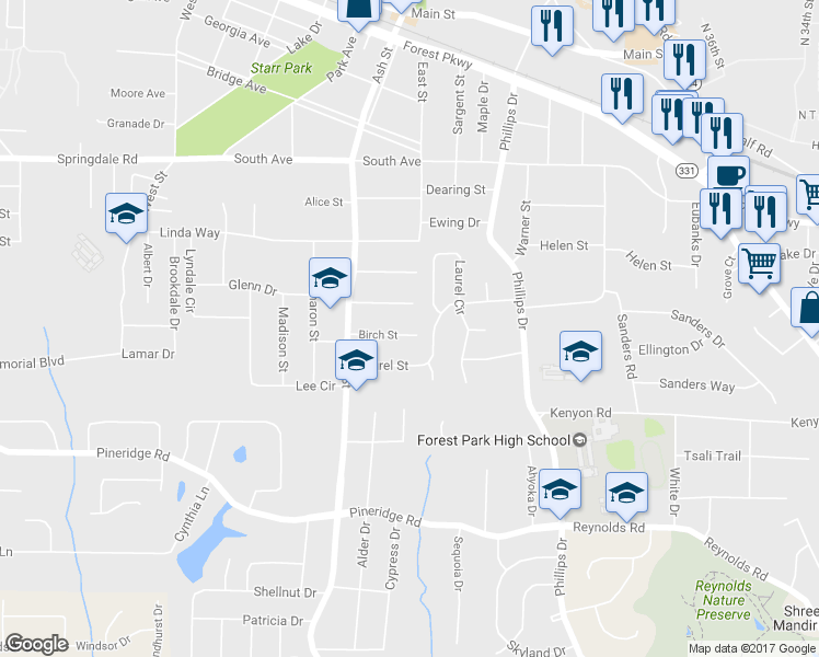 map of restaurants, bars, coffee shops, grocery stores, and more near 886 Birch Street in Forest Park