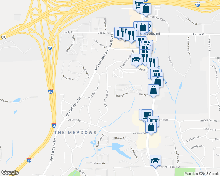 map of restaurants, bars, coffee shops, grocery stores, and more near 5350 Longmeadow Lane Southwest in Atlanta